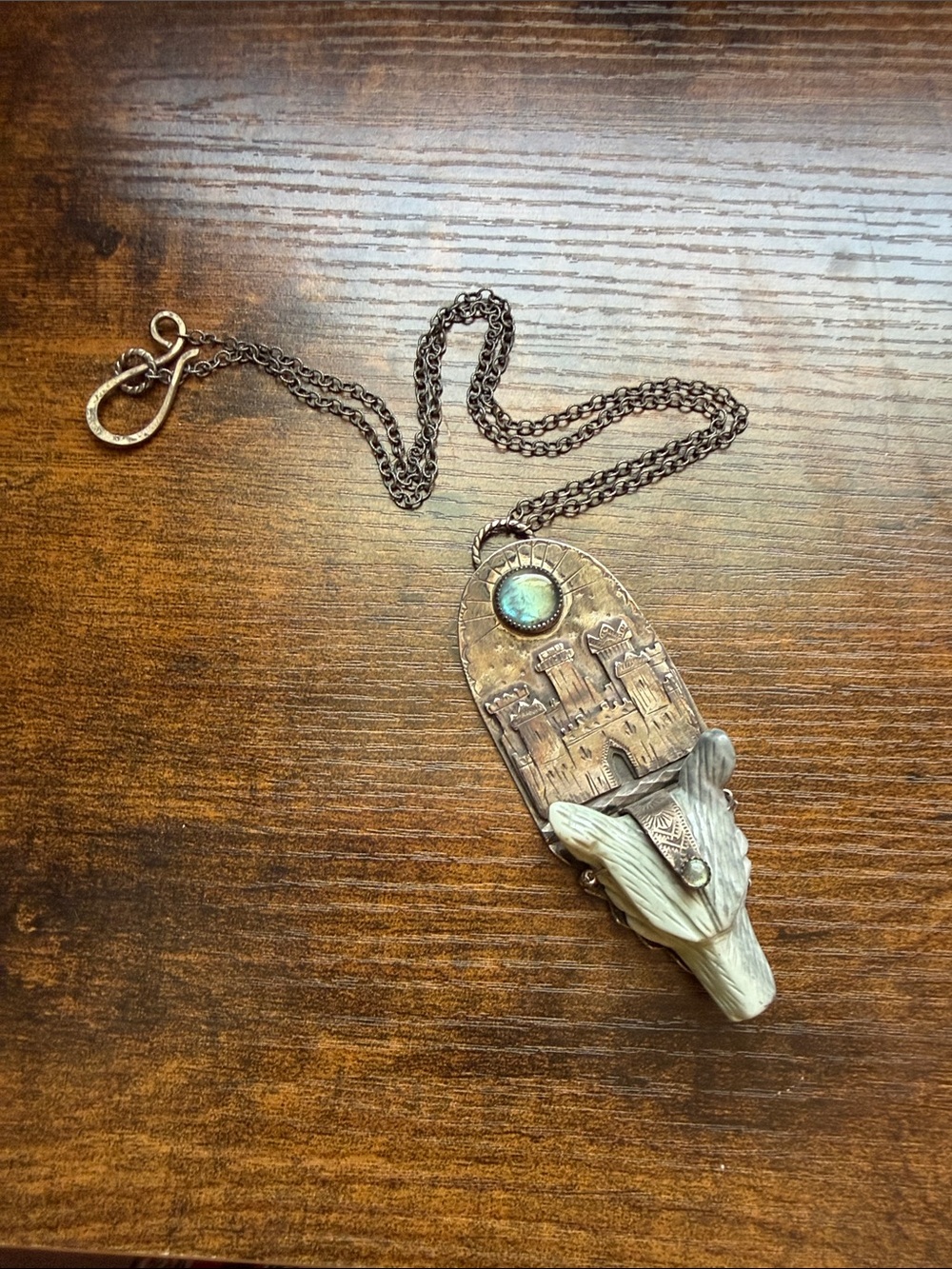 Ooak real Sterling, silver and Labrador, right stone, wolf and castle necklace